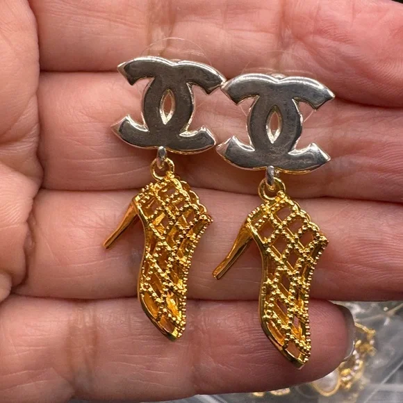 CHANEL Silver and Gold Logo Heel Earrings - Picture 6 of 6